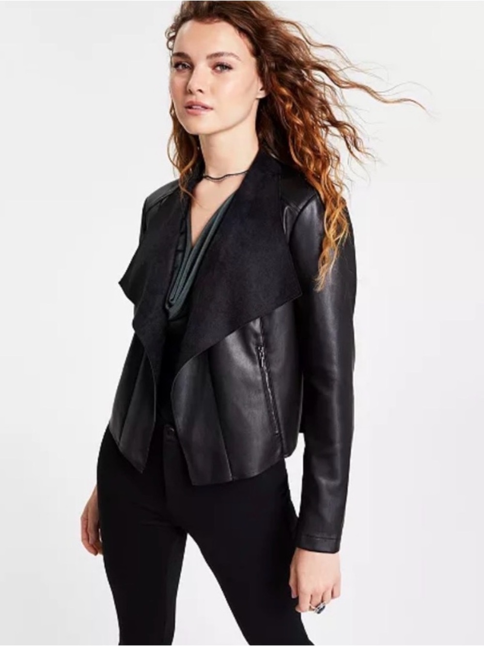 Bar III Black Faux-Leather Draped Jacket